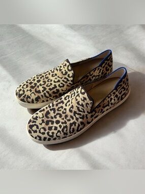 Rothy's Leopard Print Slip-On Flats - Tan and Black with Blue Trim